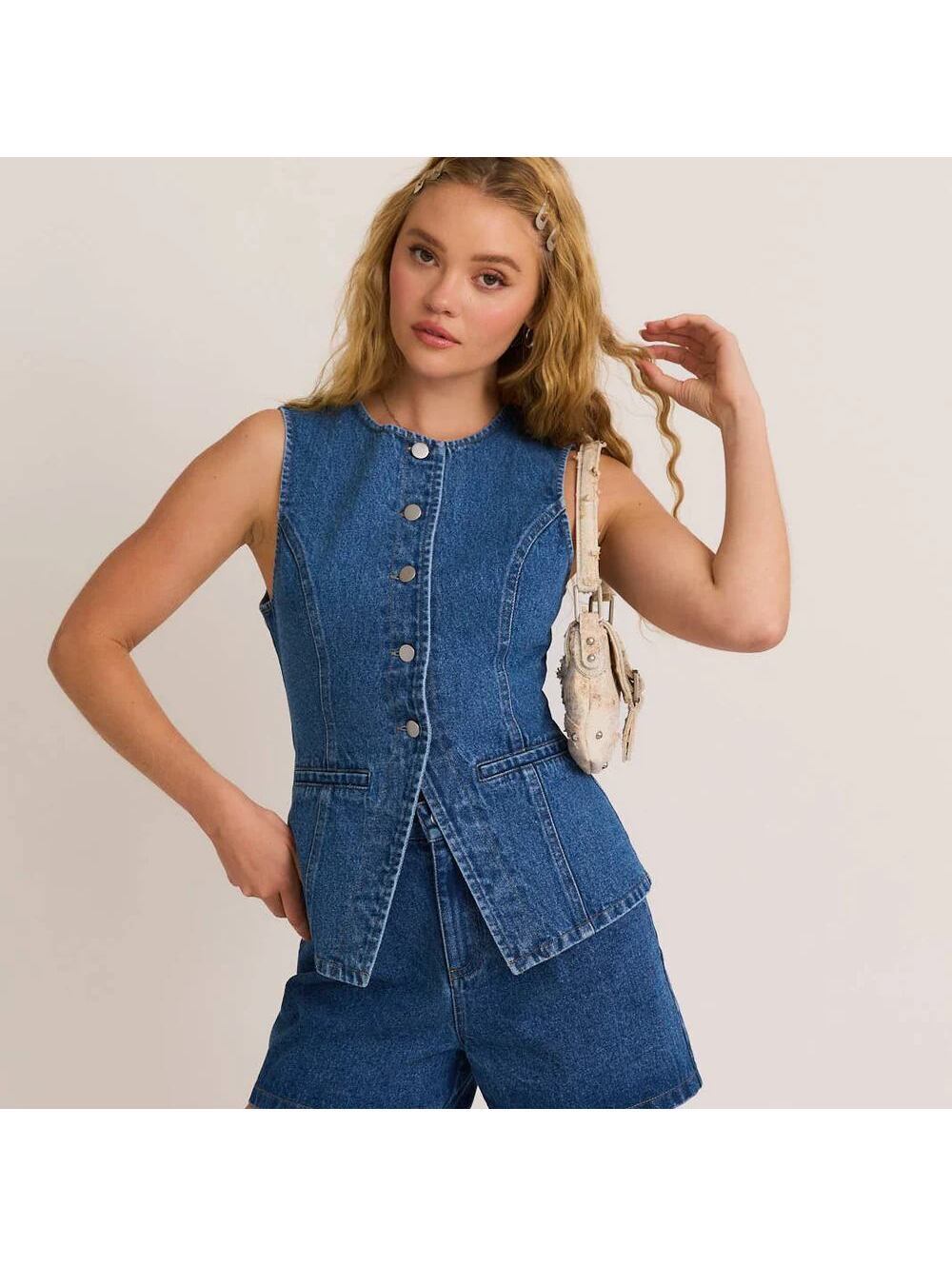 Le Lis Denim Button Front Top